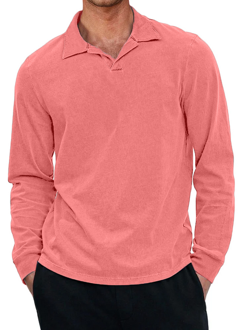 Men's Casual Retro Small V Neck Long Sleeved Polo Shirt