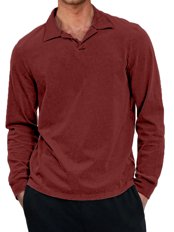 Men's Casual Retro Small V Neck Long Sleeved Polo Shirt