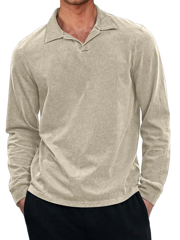 Men's Casual Retro Small V Neck Long Sleeved Polo Shirt