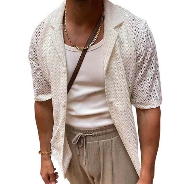 Men's summer solid color lapel short sleeve knit shirt