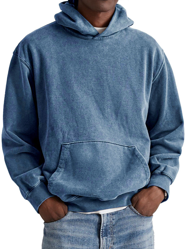 Men's Retro Cotton Hooded Distressed Washed Solid Color Sweatshirt