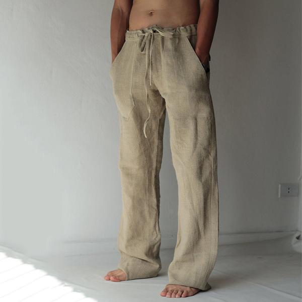 Loose Fit Leisure Trousers Solid Color Linen Straight Pants Long Pants