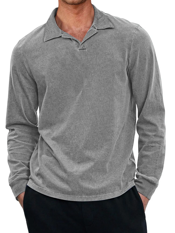 Men's Casual Retro Small V Neck Long Sleeved Polo Shirt