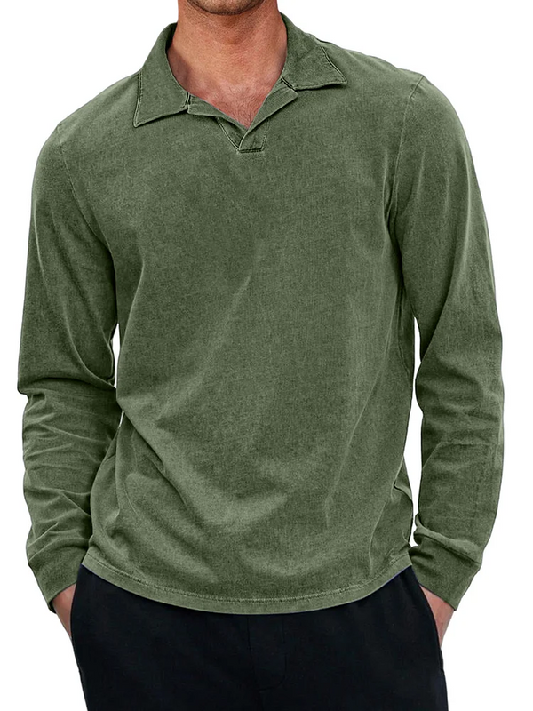 Men's Casual Retro Small V Neck Long Sleeved Polo Shirt